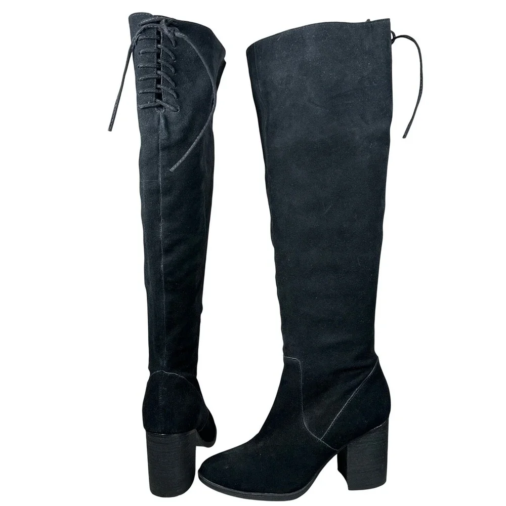 Steve Madden Sharna Black Suede Over The Knee Lace Up Back Block Heel Boots 8.5M